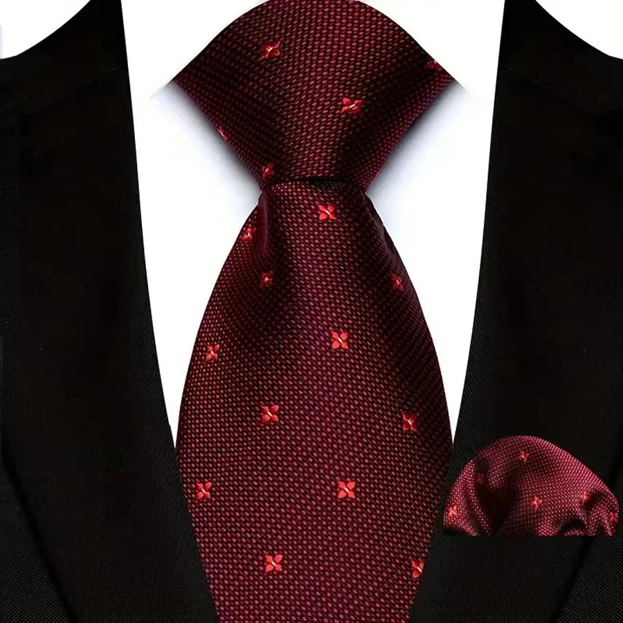 High Quality Wine Red Floral Dot Plaid Men Tie Pocket Square Set