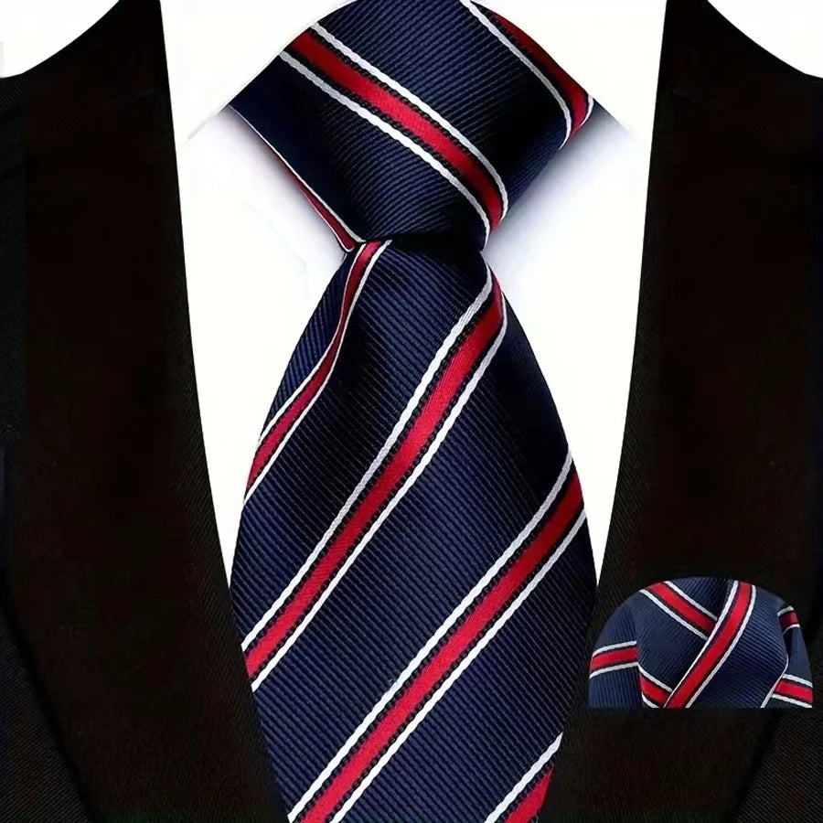 Blue High Quality Wine Red Floral Dot Plaid Men Tie Pocket Square Set