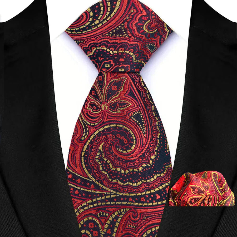 High Quality Wine Red Floral Dot Plaid Men Tie Pocket Square Set