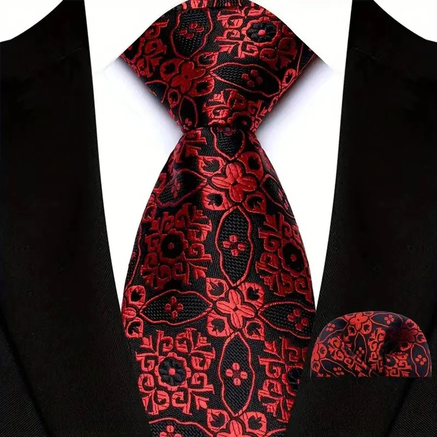 High Quality Wine Red Floral Dot Plaid Men Tie Pocket Square Set