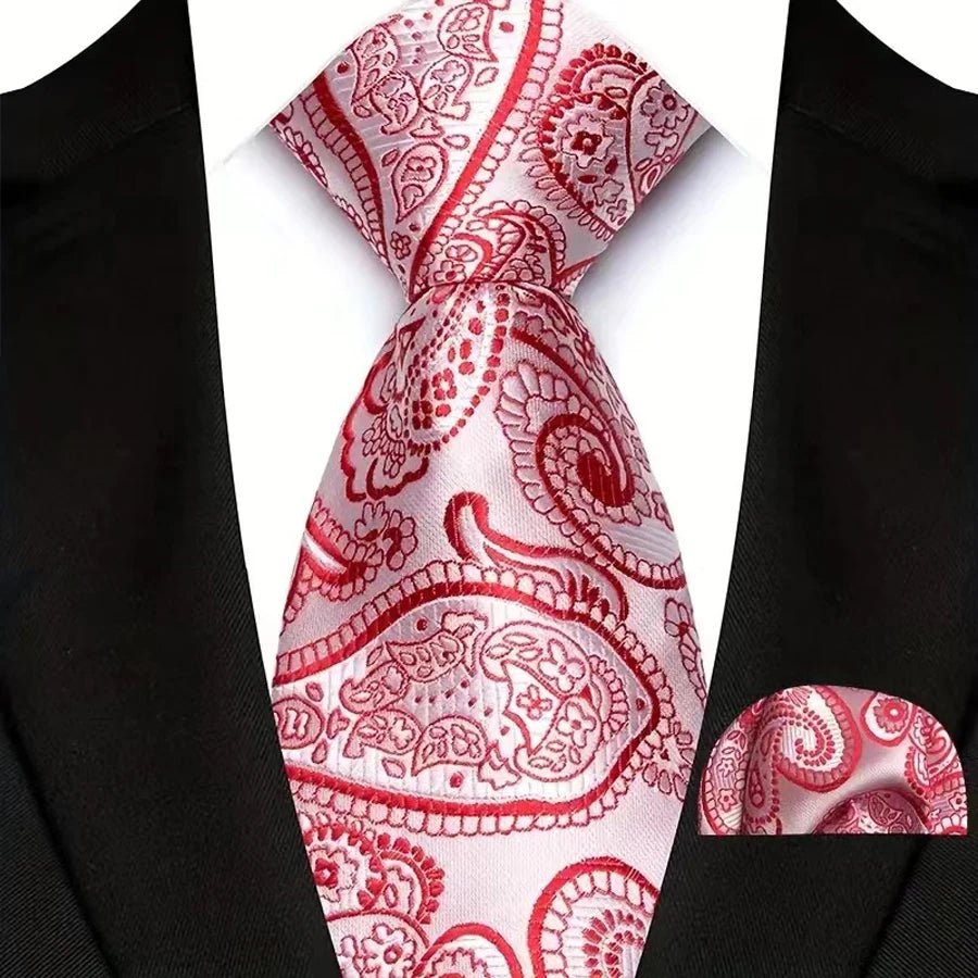 High Quality Wine Red Floral Dot Plaid Men Tie Pocket Square Set