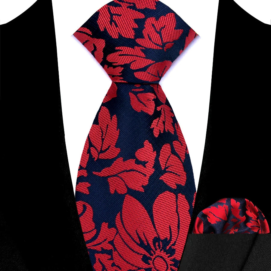 High Quality Wine Red Floral Dot Plaid Men Tie Pocket Square Set