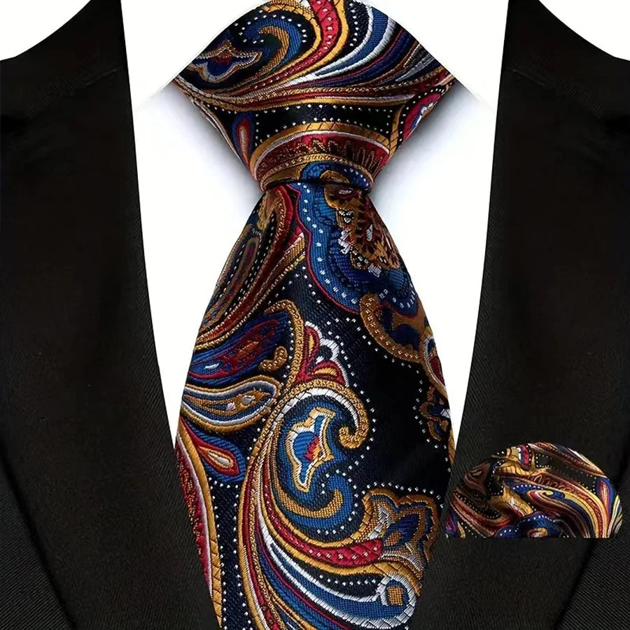 High Quality Wine Red Floral Dot Plaid Men Tie Pocket Square Set