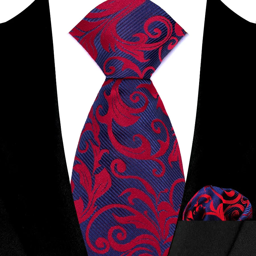 High Quality Wine Red Floral Dot Plaid Men Tie Pocket Square Set
