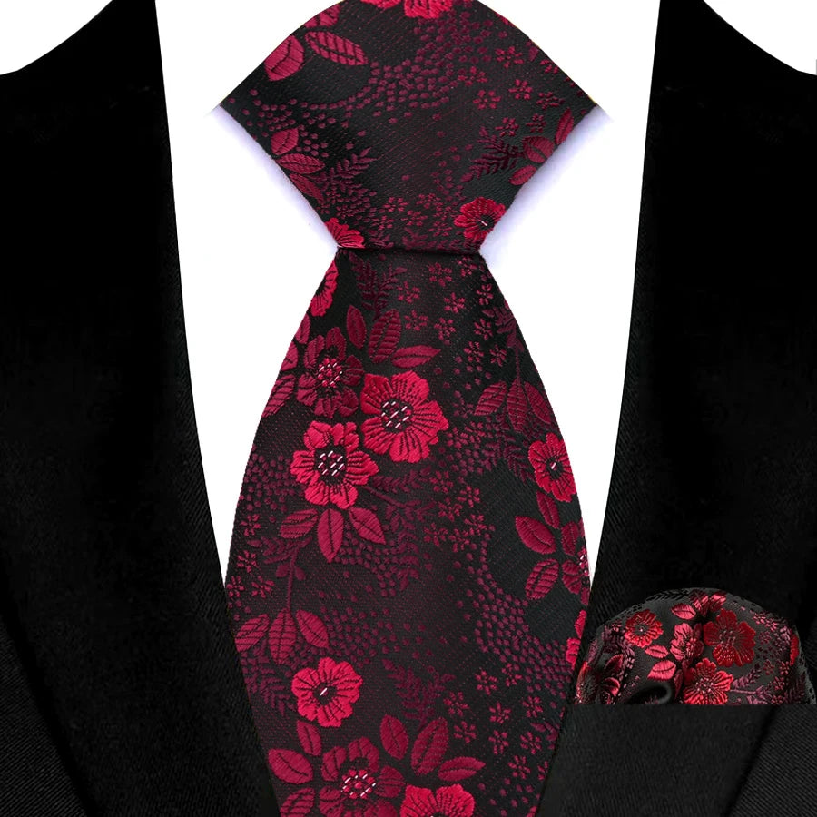 High Quality Wine Red Floral Dot Plaid Men Tie Pocket Square Set