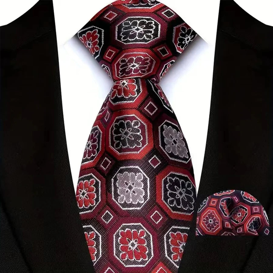 High Quality Wine Red Floral Dot Plaid Men Tie Pocket Square Set