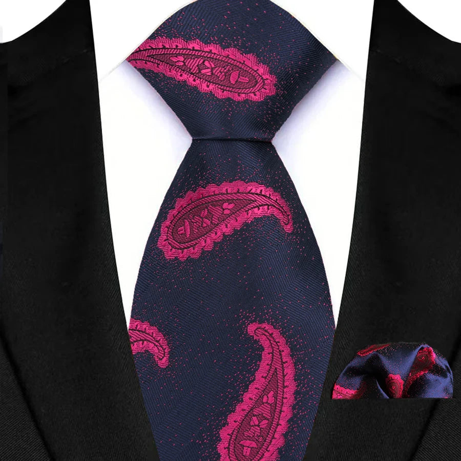 High Quality Wine Red Floral Dot Plaid Men Tie Pocket Square Set