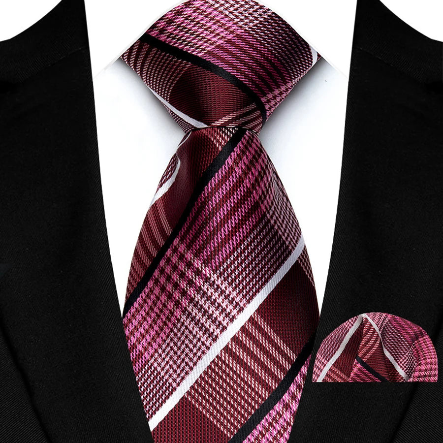 High Quality Wine Red Floral Dot Plaid Men Tie Pocket Square Set