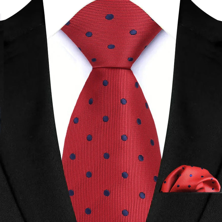 High Quality Wine Red Floral Dot Plaid Men Tie Pocket Square Set