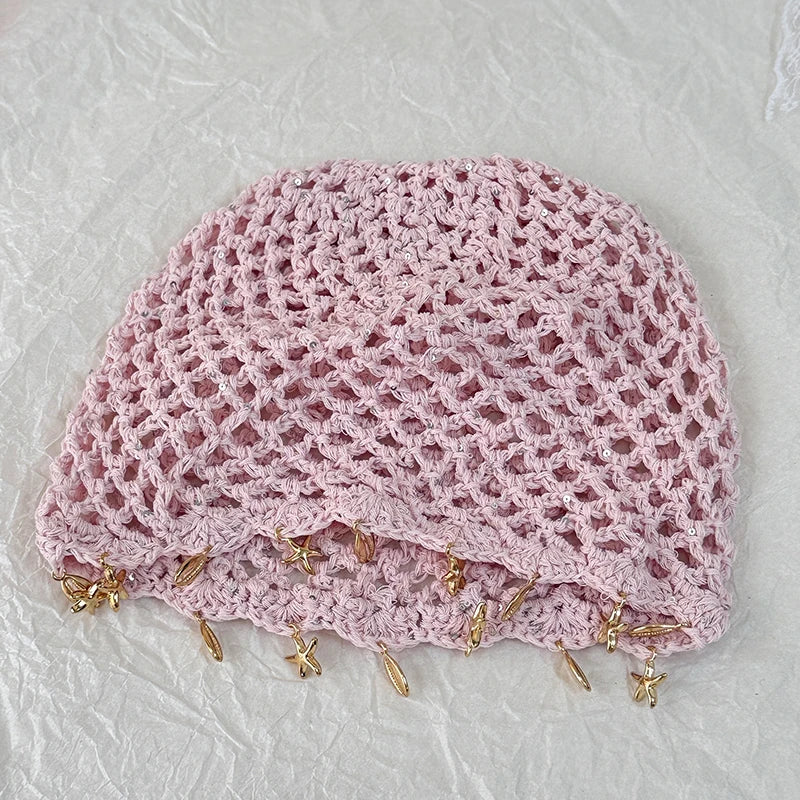 Pink Hollowed Out Woven Pullover Crochet Headwrap