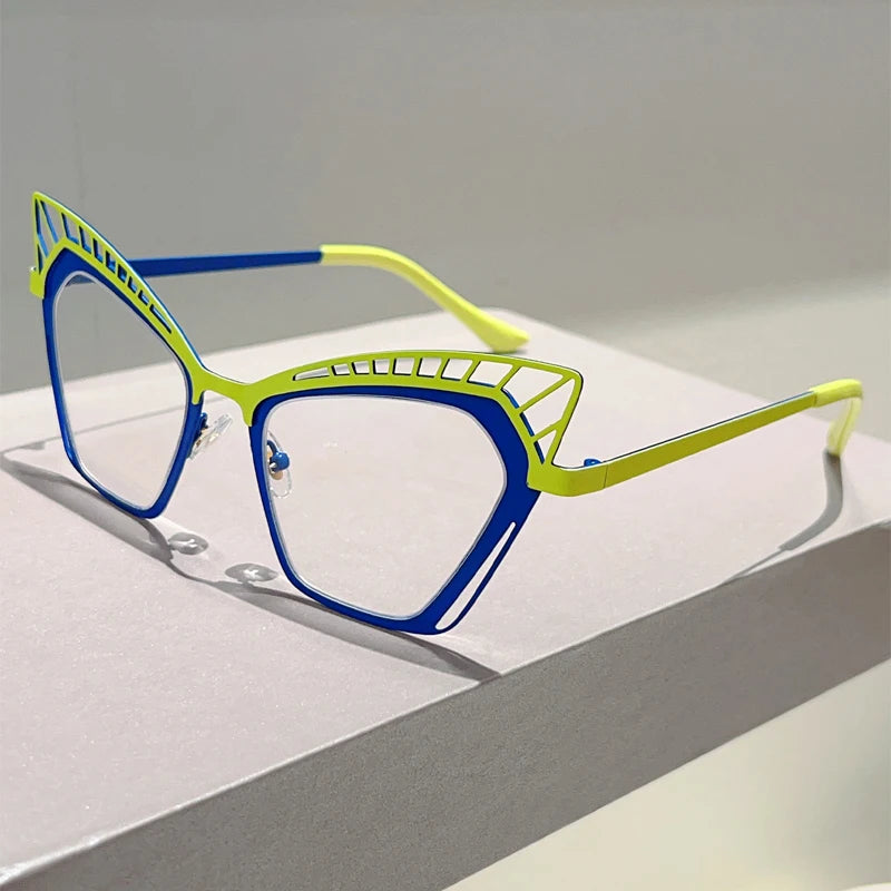 Yellow blue hallowed rim cat eye glasses