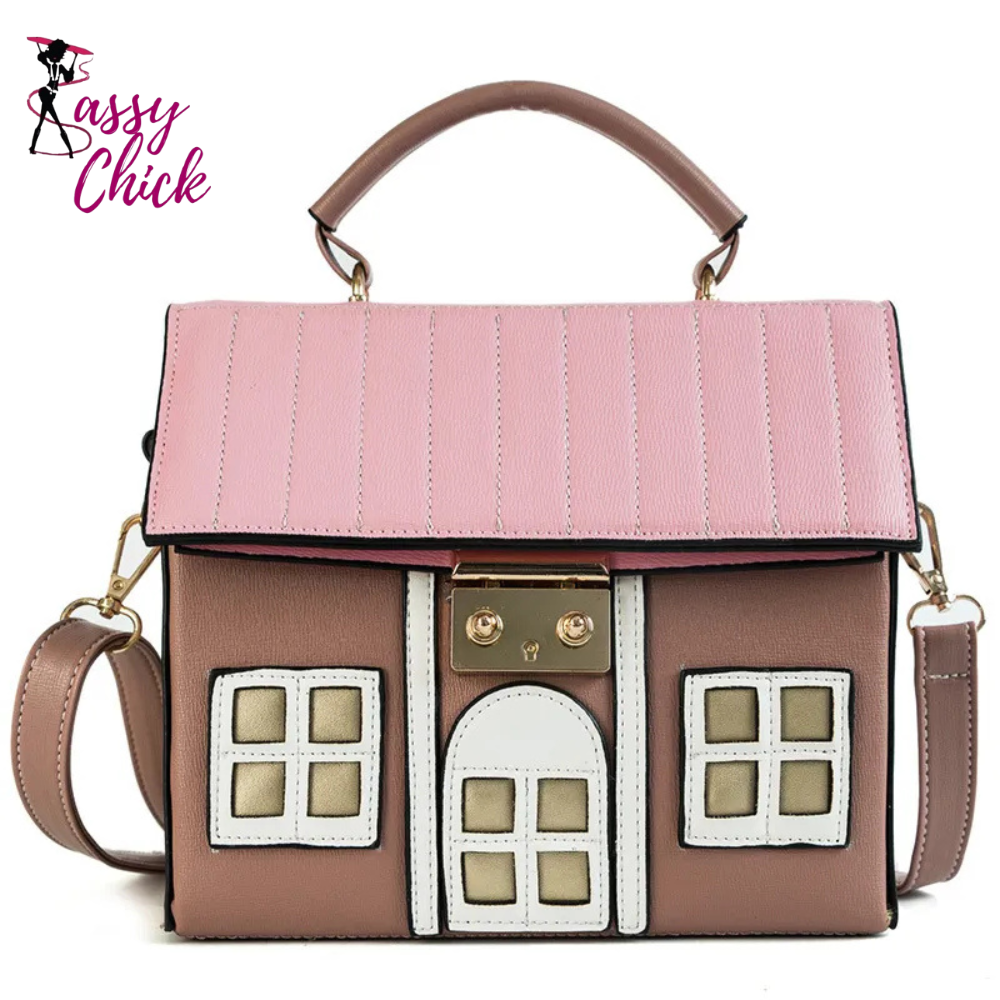 House Shaped Leather Shoulder Bag Sassy Chick Logo