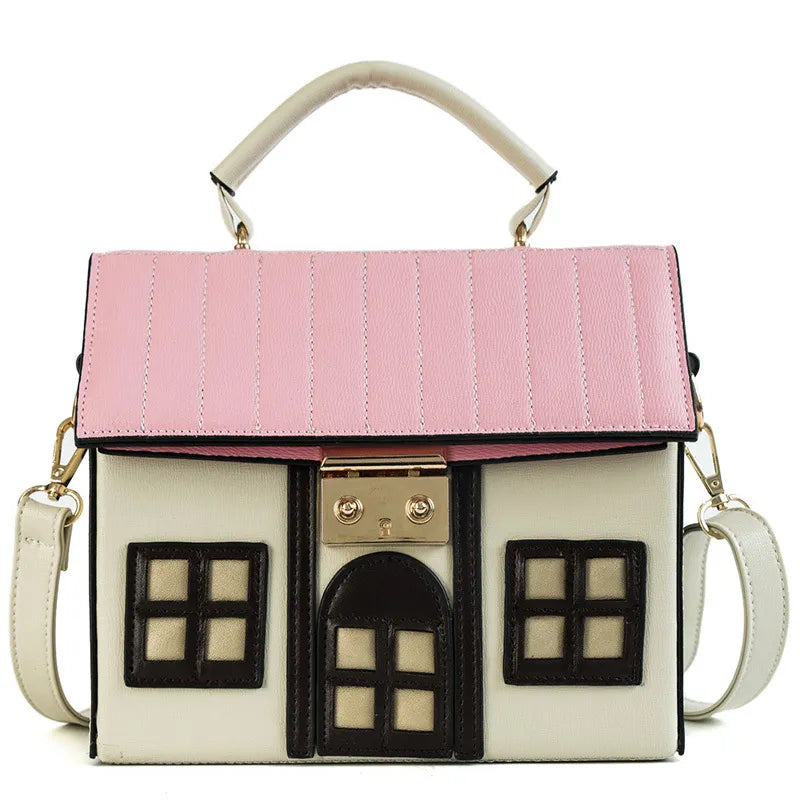 Pink white House Shaped Leather Shoulder Bag