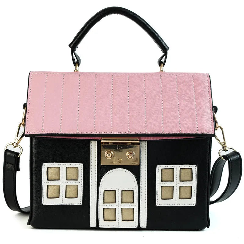 Pink Black House Shaped Leather Shoulder Bag