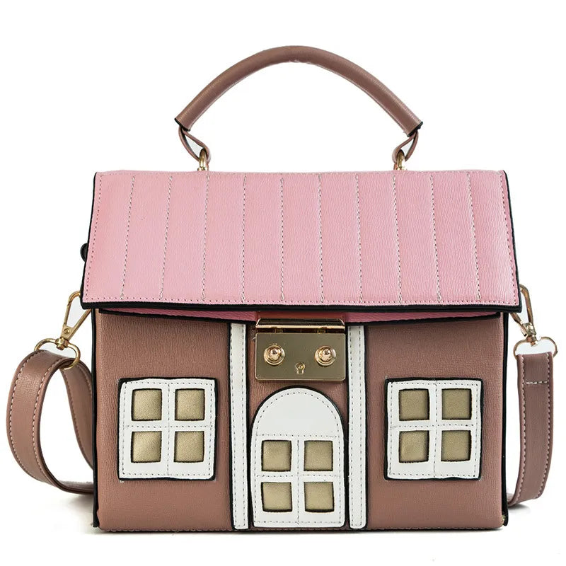 Pink Brown House Shaped Leather Shoulder Bag