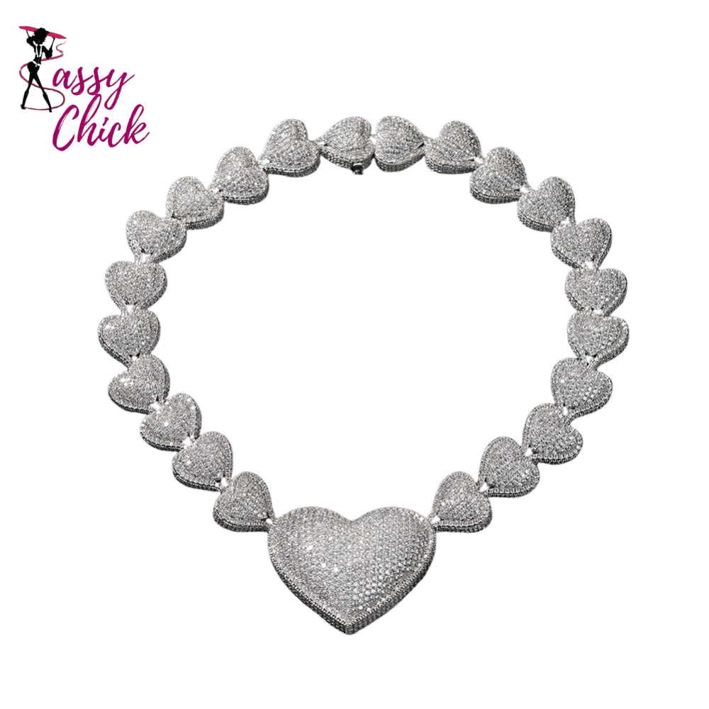 Iced Out Big Heart Chain Collar 17mm Jewelry Sassy Chick Logo