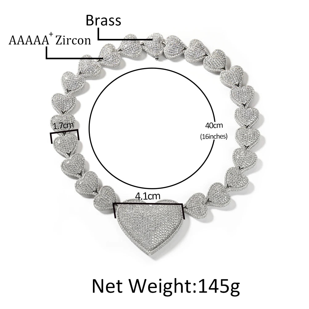 Size of Iced Out Big Heart Chain Collar 17mm Jewelry