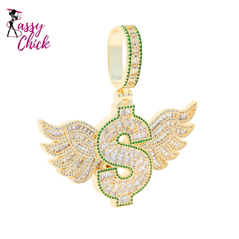 Iced Out Bling Wing Pendant Hip Hop Jewelry Sassy Chick Logo