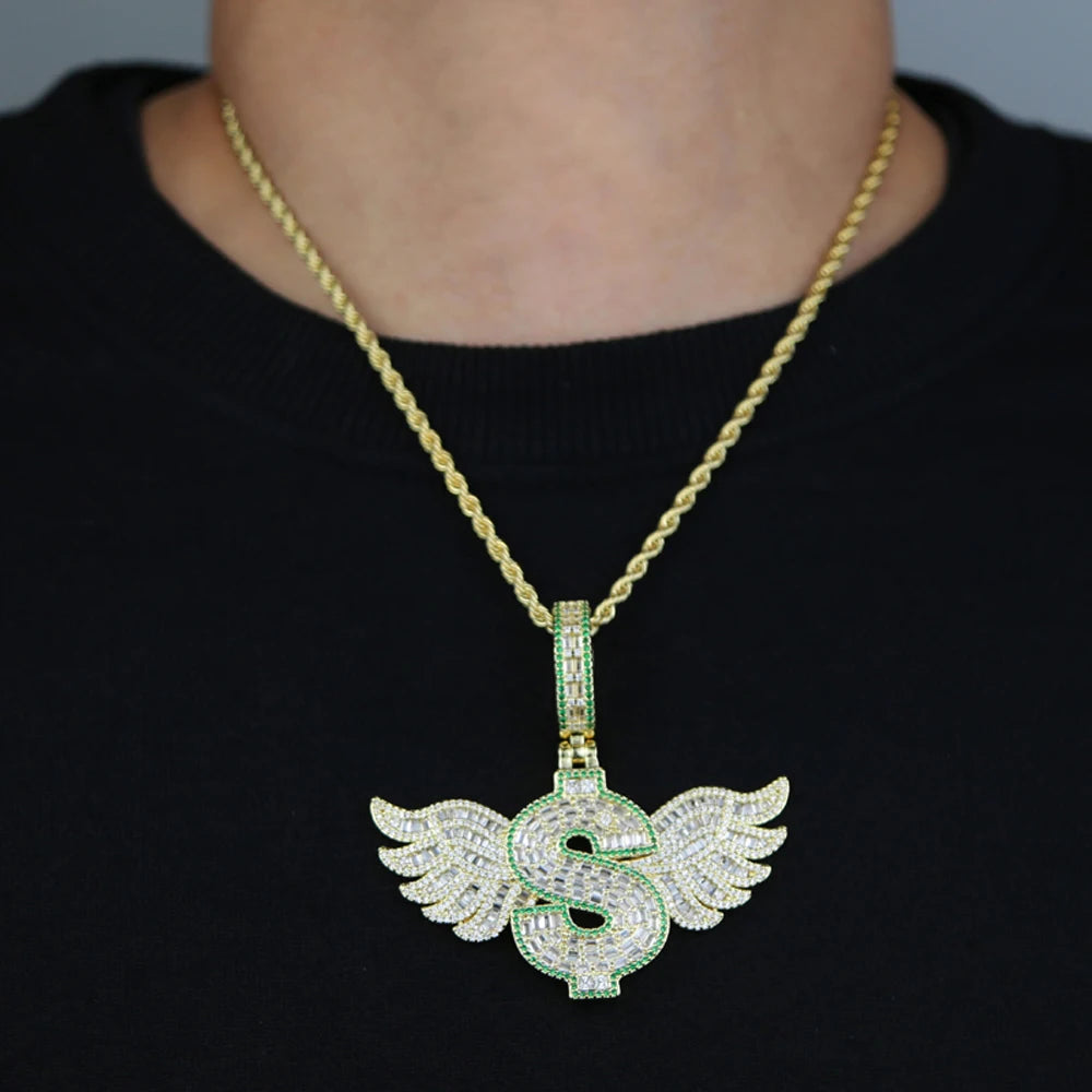 model using Iced Out Bling Wing Pendant Hip Hop Jewelry