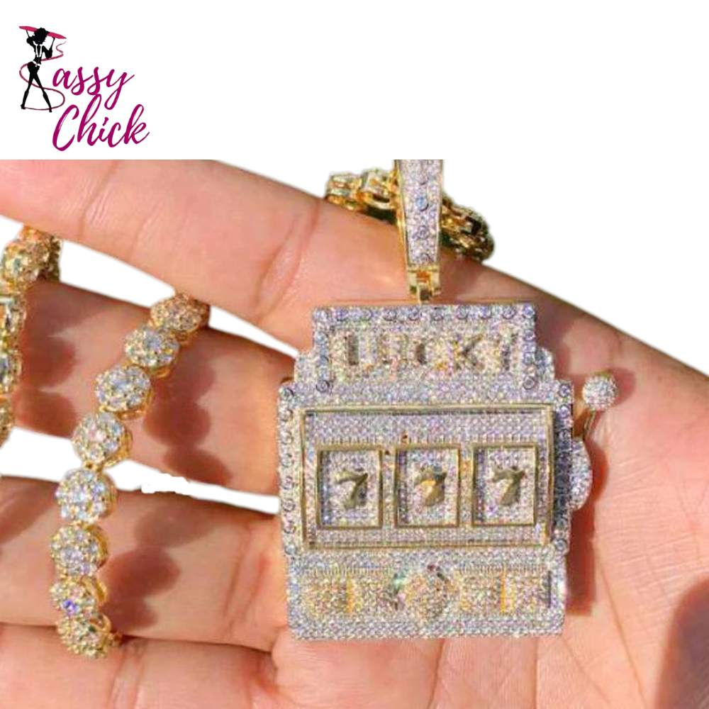 Iced Out Bling Zircon Lucky 777 Charm Pendant Necklaces Sassy Chick Logo