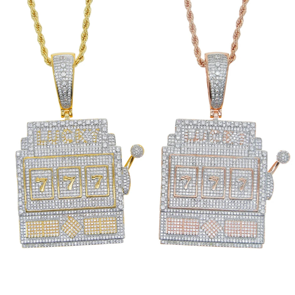 Silver Gold Iced Out Bling Zircon Lucky 777 Charm Pendant Necklaces