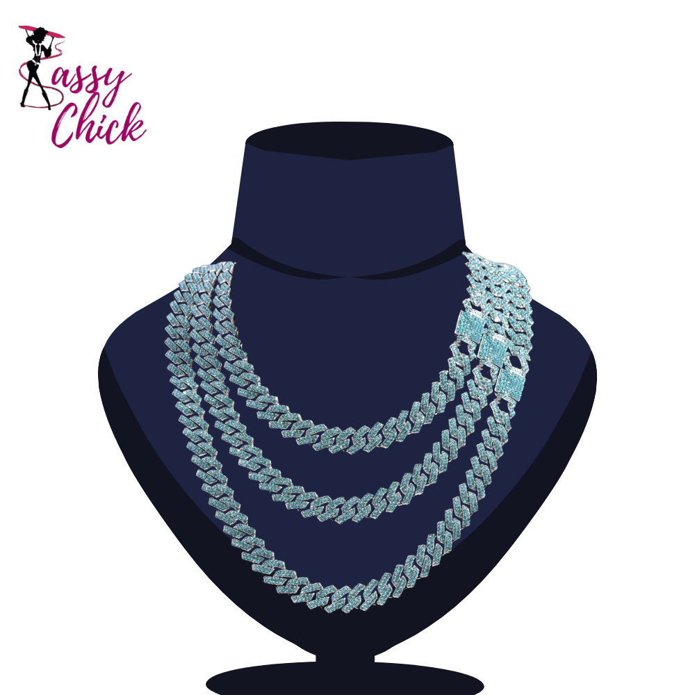 Iced Out Blue Crystal Cuban Link Chain Rapper Jewelry Sassy Chick Logo