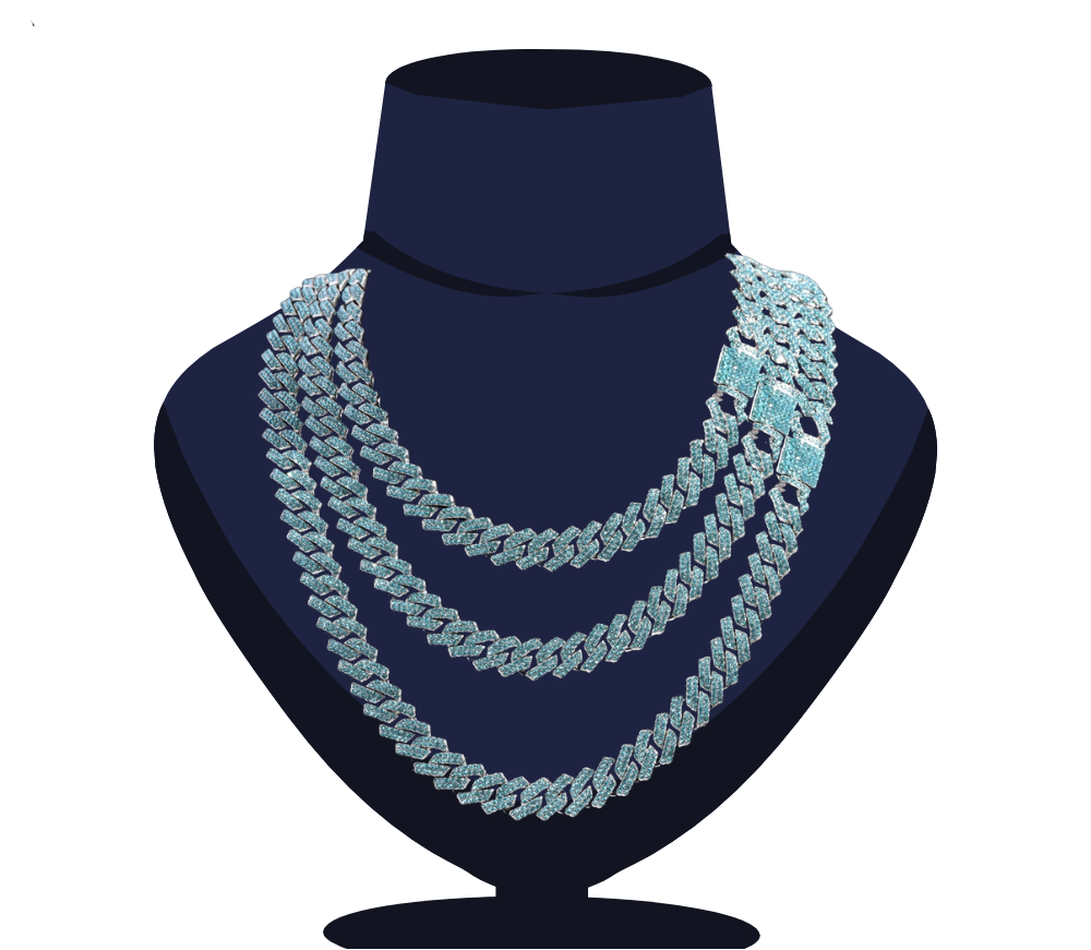 Iced Out Blue Crystal Cuban Link Chain Rapper Jewelry
