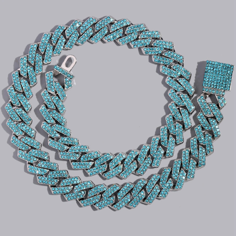 Iced Out Blue Crystal Cuban Link Chain Rapper Jewelry