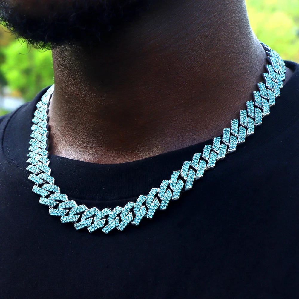 Model Using Iced Out Blue Crystal Cuban Link Chain Rapper Jewelry