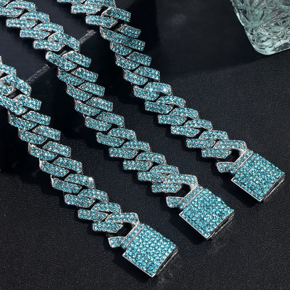 Iced Out Blue Crystal Cuban Link Chain Rapper Jewelry