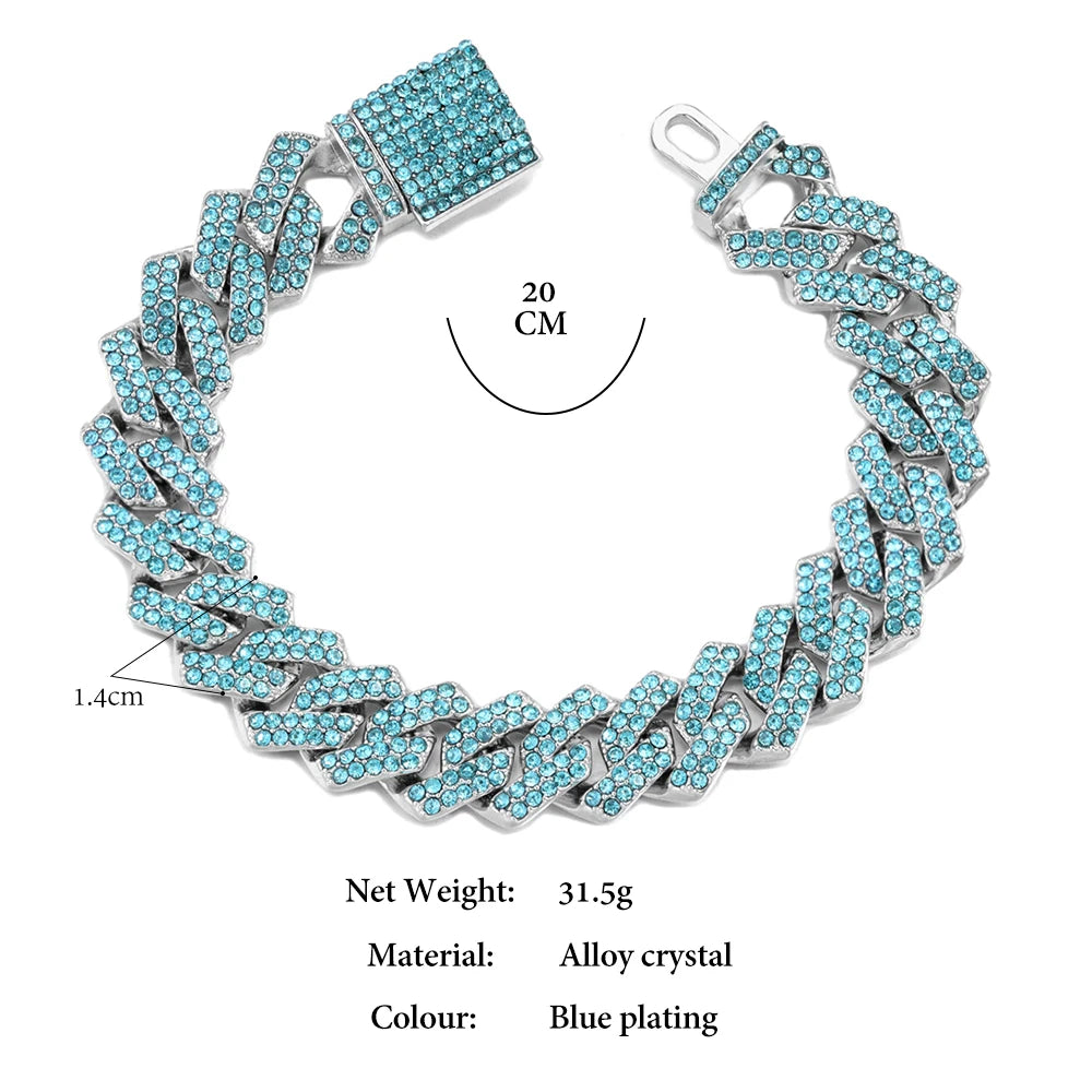 Size of Iced Out Blue Crystal Cuban Link Chain Rapper Jewelry
