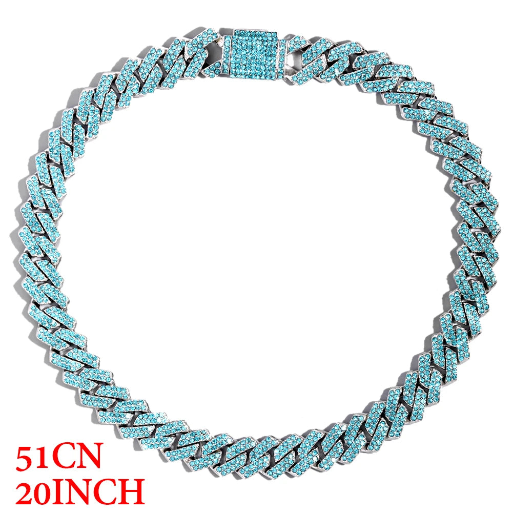 Iced Out Blue Crystal Cuban Link Chain Rapper Jewelry