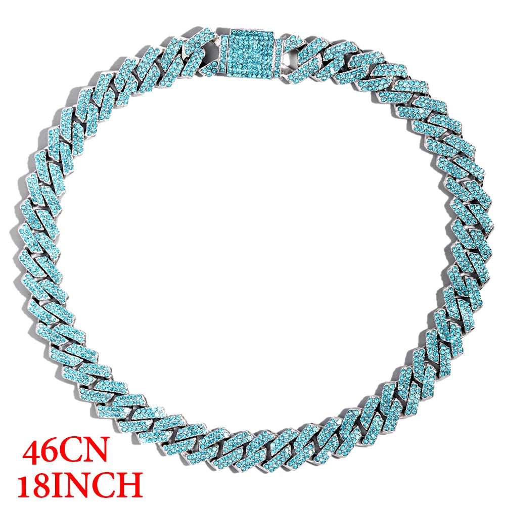 Iced Out Blue Crystal Cuban Link Chain Rapper Jewelry