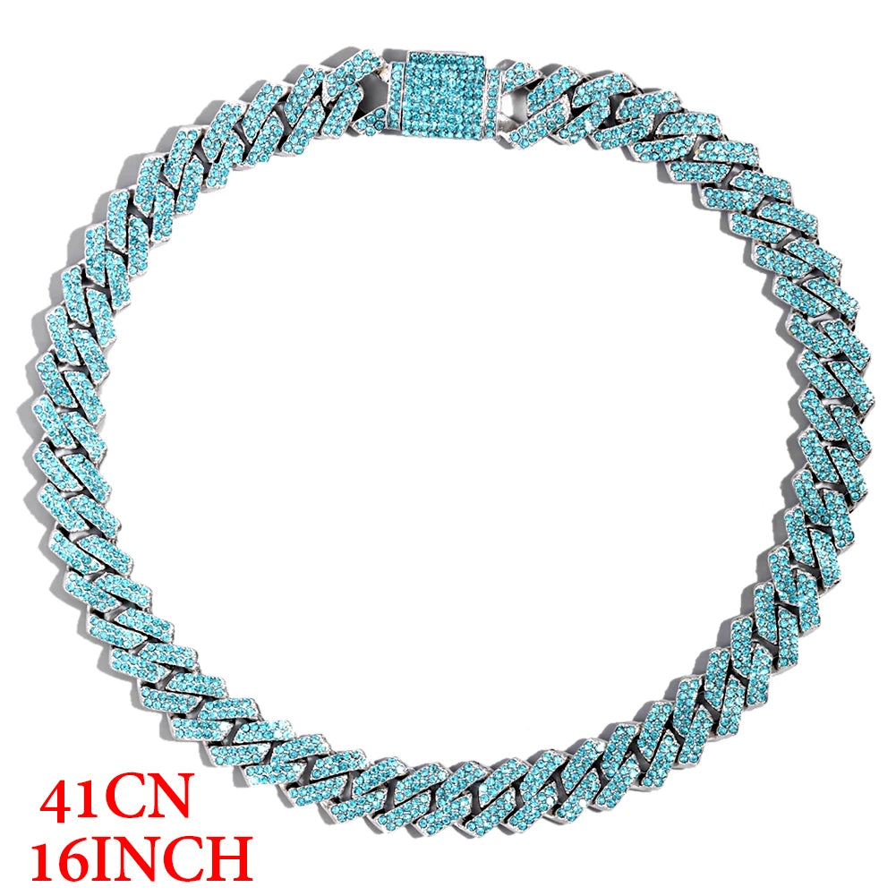 Iced Out Blue Crystal Cuban Link Chain Rapper Jewelry