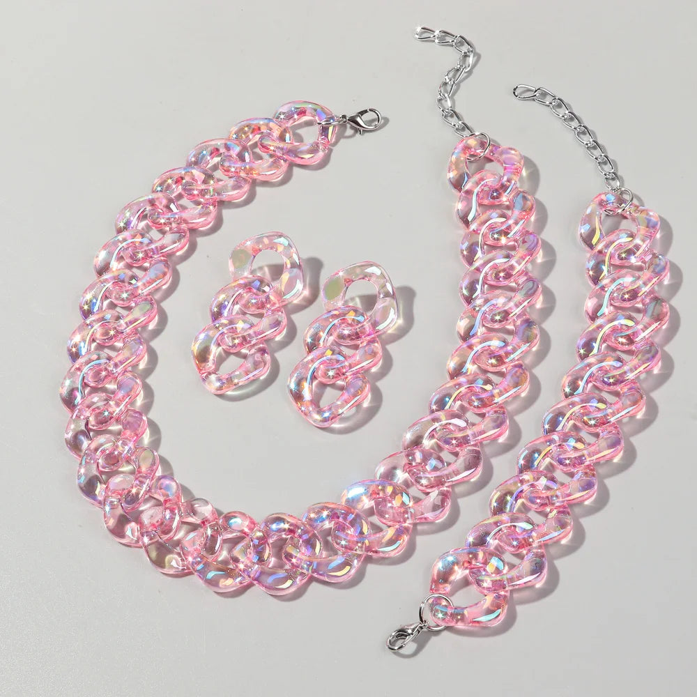 pink Iridescent Acrylic Chain Jewelry Sets