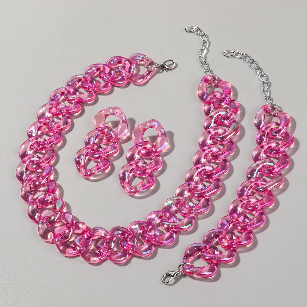 pink Iridescent Acrylic Chain Jewelry Sets