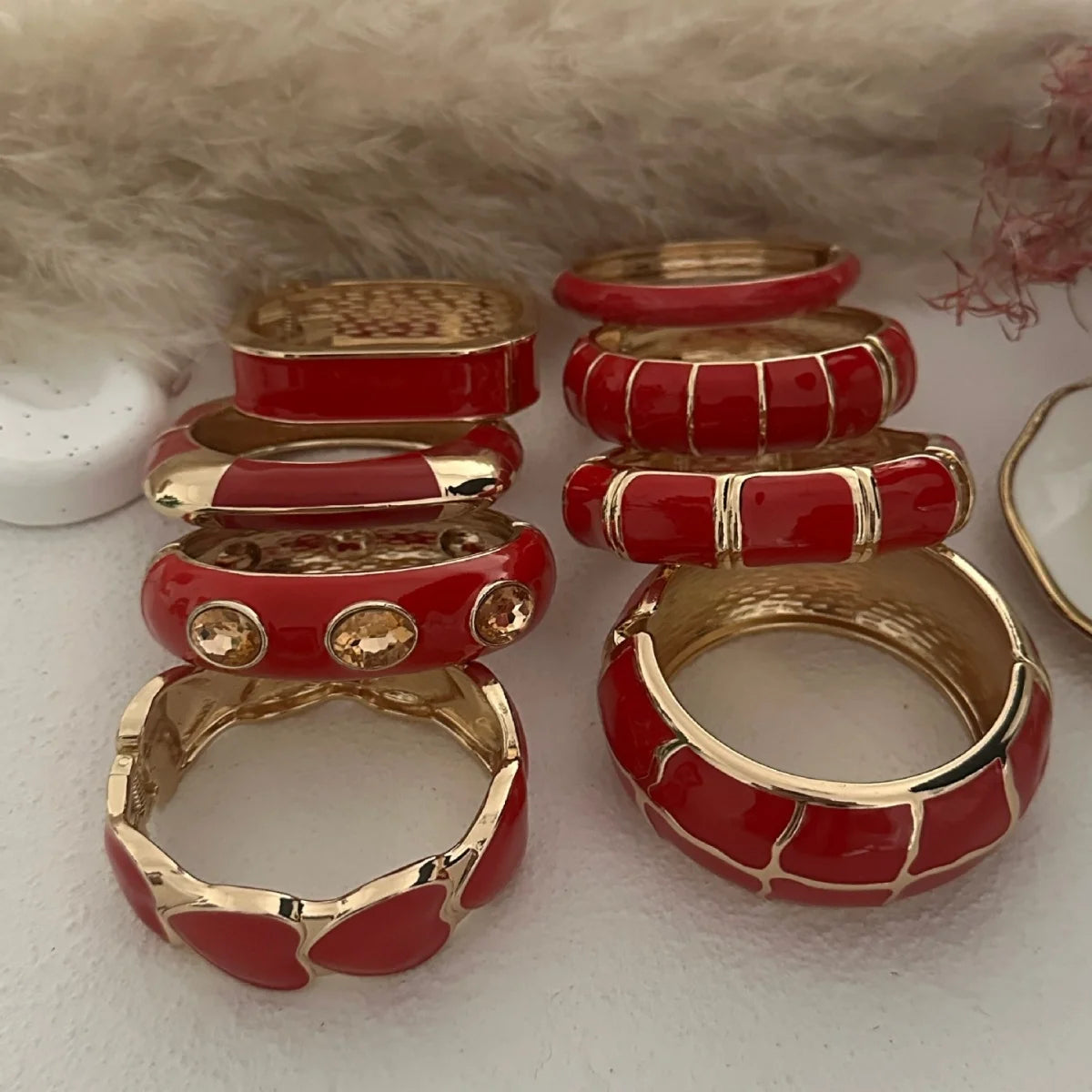 Collection of Irregular Geometric Rhinestone Red Imitation Enamel Bangle