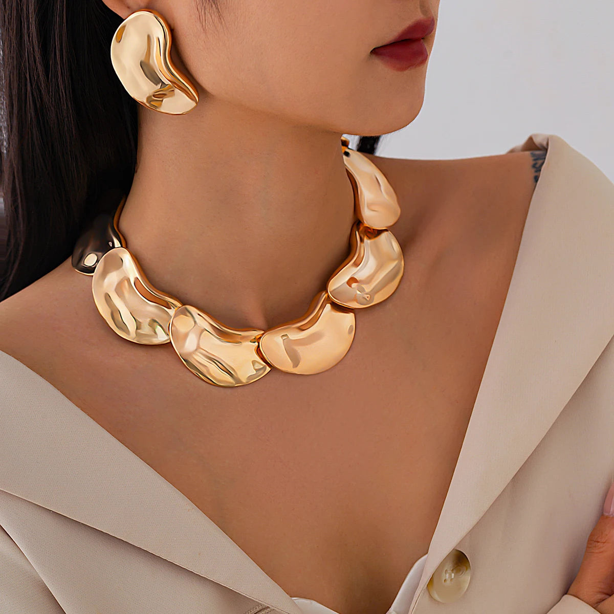 Irregular Metal Pea Chain Necklace Set