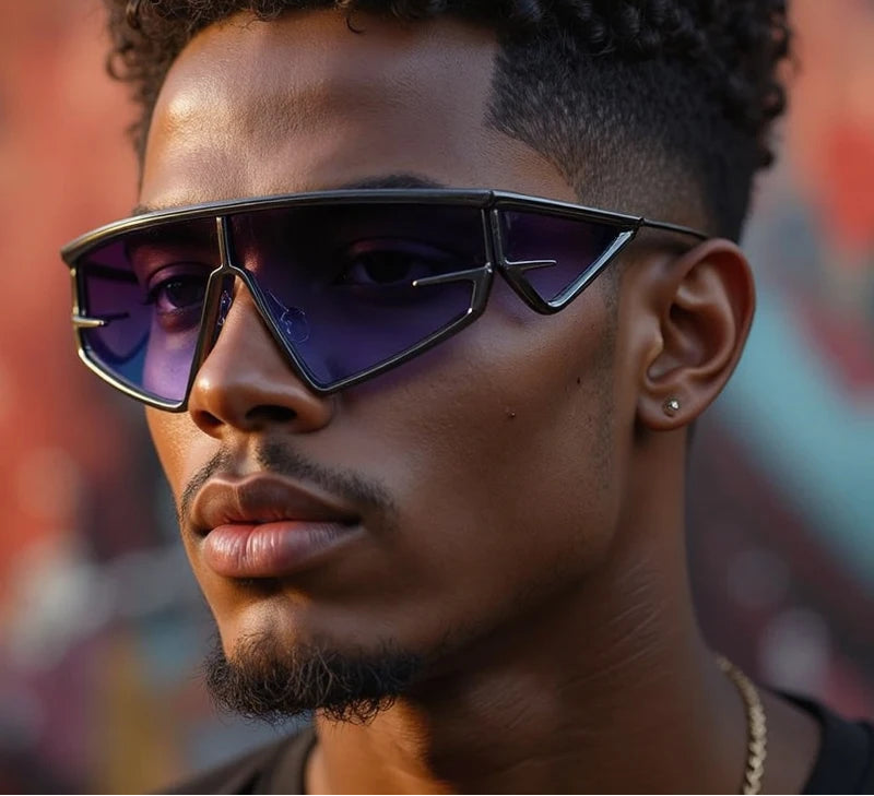 Model using Irregular Steampunk Windproof Square Shield Sunglasses
