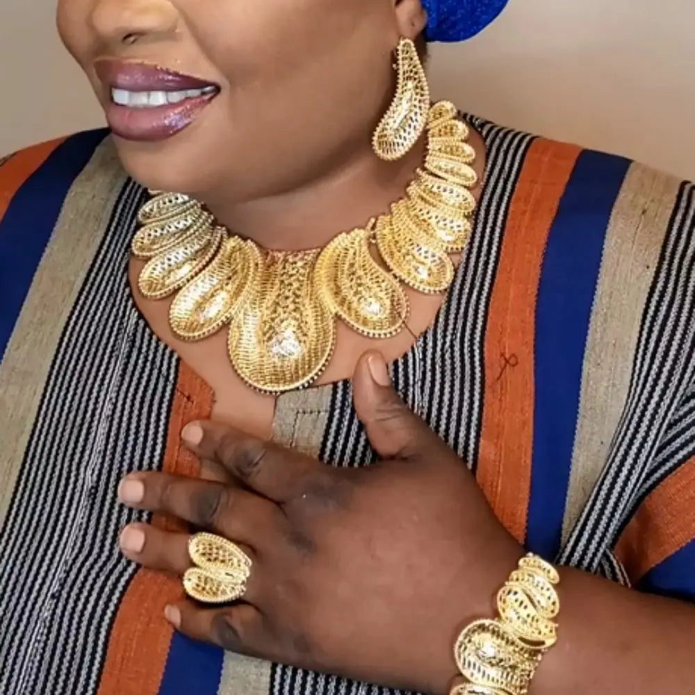 Model using Italian Gold Plated Women Big Necklace Jewelry Sets