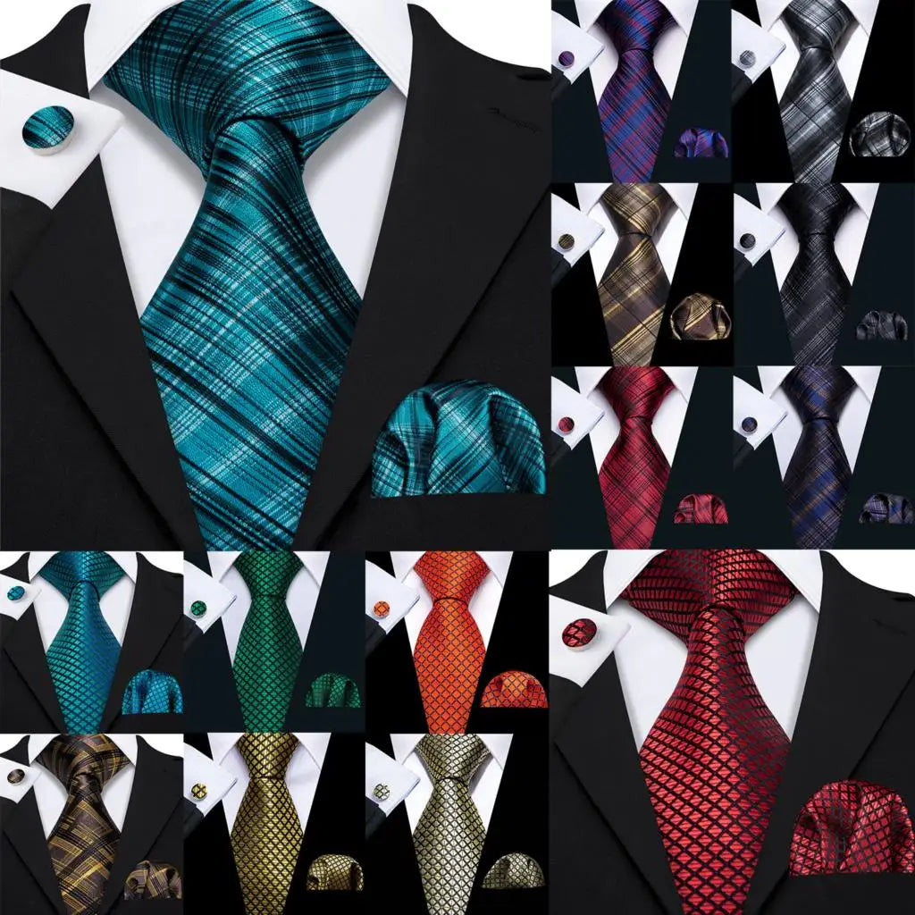 Collection of Jacquard Checked Plaid Silk Men Tie Handkerchief Cufflinks Set