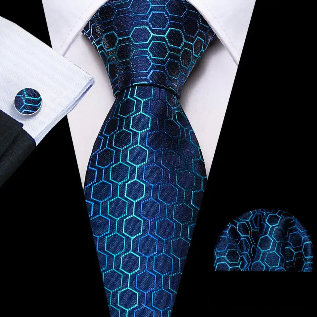 Blue Jacquard Checked Plaid Silk Men Tie Handkerchief Cufflinks Set