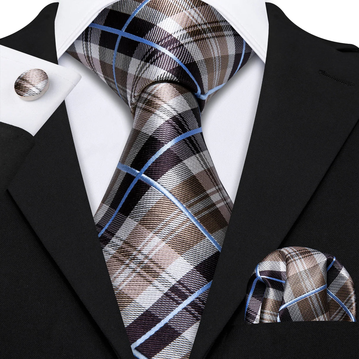 Jacquard Checked Plaid Silk Men Tie Handkerchief Cufflinks Set