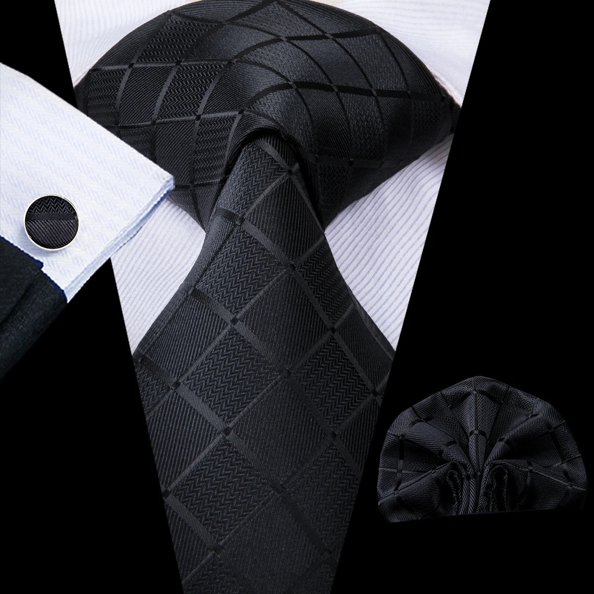 Black Jacquard Checked Plaid Silk Men Tie Handkerchief Cufflinks Set