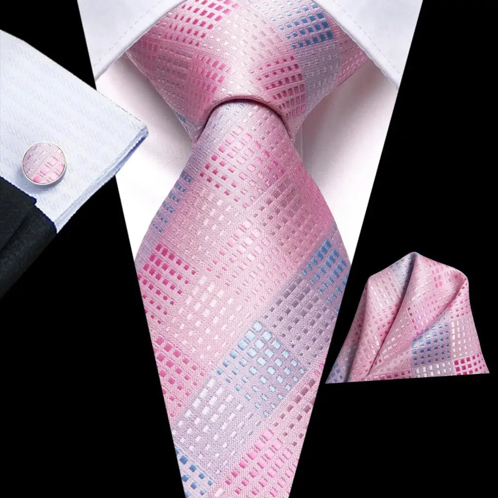 Pink Jacquard Checked Plaid Silk Men Tie Handkerchief Cufflinks Set