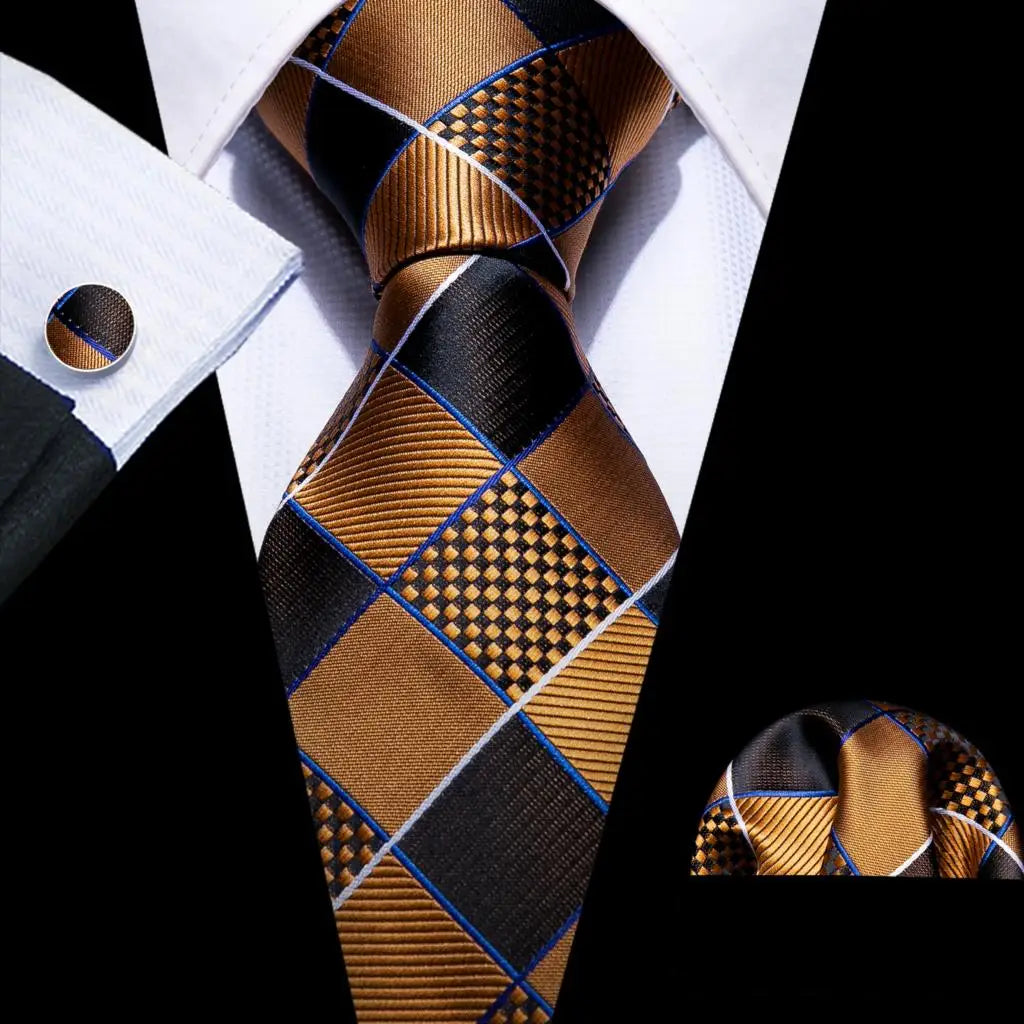 Yellow Jacquard Checked Plaid Silk Men Tie Handkerchief Cufflinks Set
