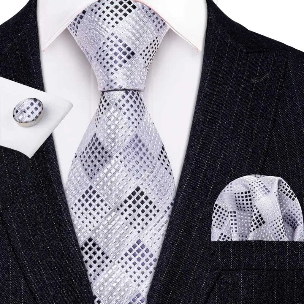 White Jacquard Checked Plaid Silk Men Tie Handkerchief Cufflinks Set