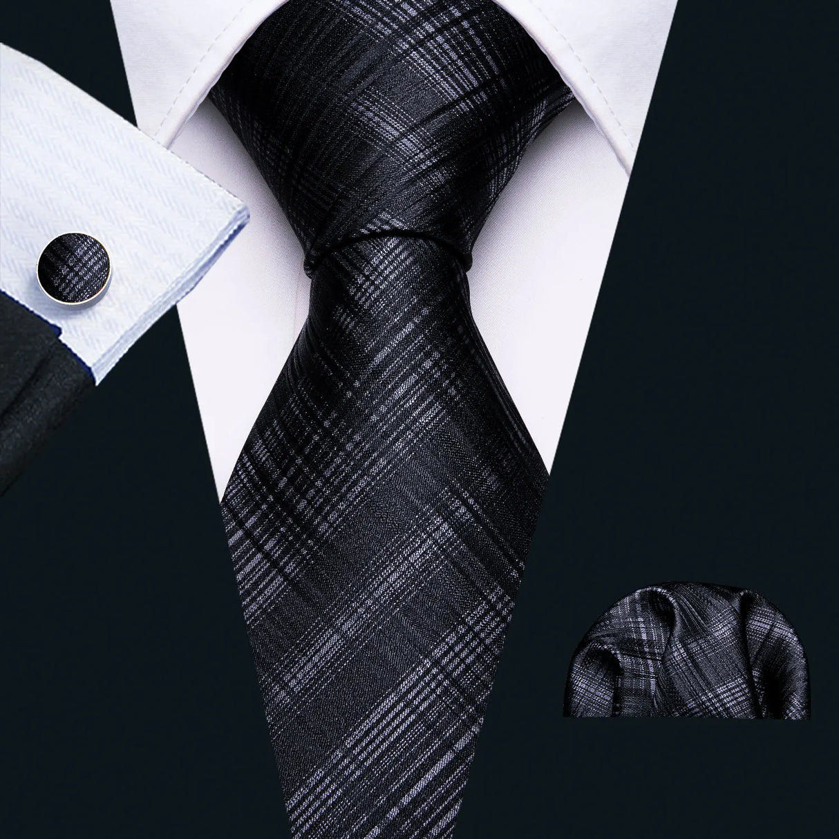 Black Jacquard Checked Plaid Silk Men Tie Handkerchief Cufflinks Set