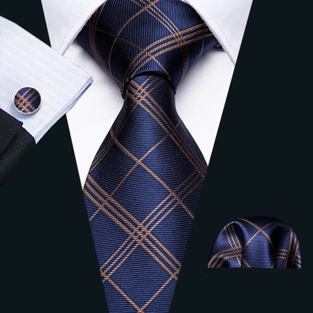 Blue Jacquard Checked Plaid Silk Men Tie Handkerchief Cufflinks Set