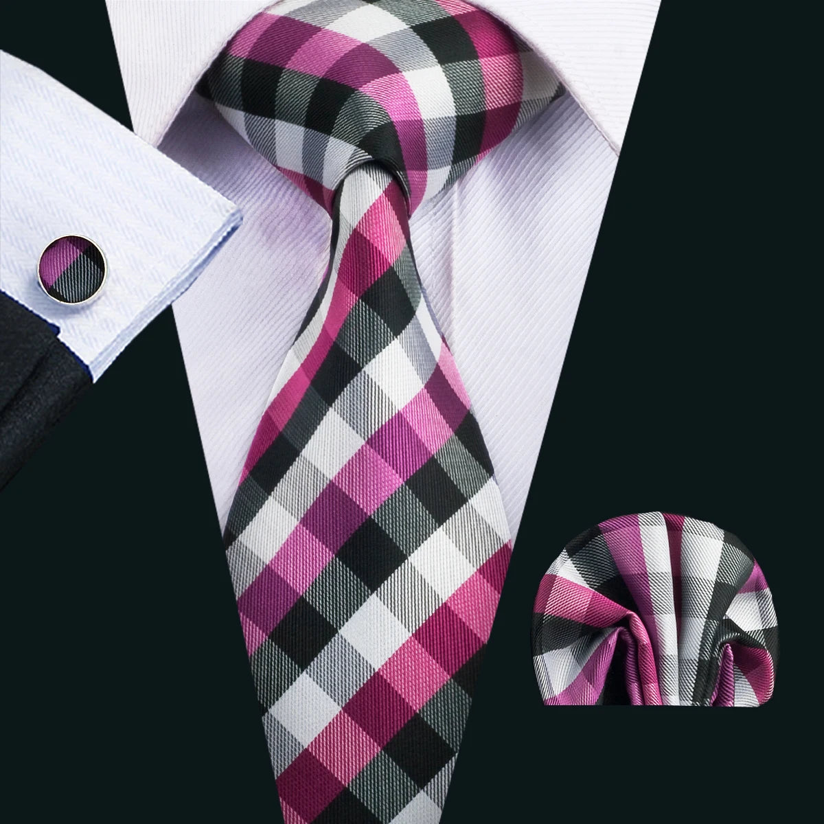 Pink Jacquard Checked Plaid Silk Men Tie Handkerchief Cufflinks Set
